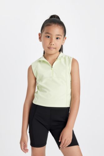Kız Çocuk Slim Fit Dar Kesim Polo Yaka Fermuarlı Basic Düz Kolsuz Tişört
