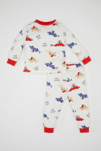 Erkek Bebek Pijama Takımı Köpek Baskılı Penye Uzun Kollu Üst Uzun Alt