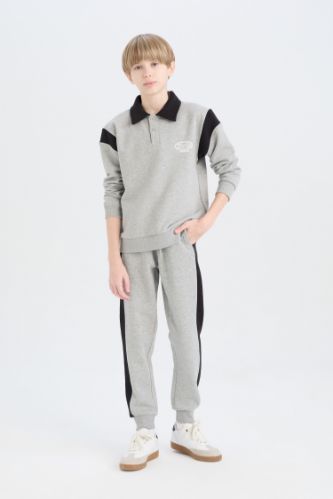 Erkek Çocuk 2'li Takım Polo Yaka Baskılı Kalın Sweatshirt Beli Paçası Lastikli Eşofman Altı