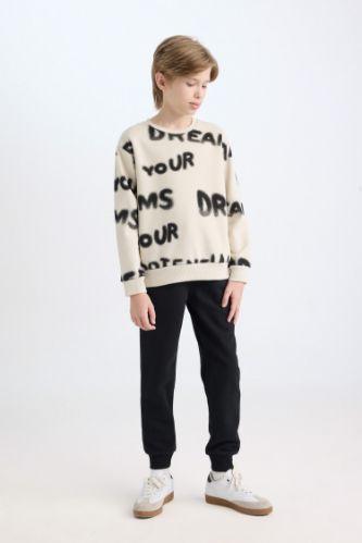 Erkek Çocuk 2'li Takım Desenli Bisiklet Yaka Kalın Sweatshirt Beli Lastikli Jogger Eşofman Altı
