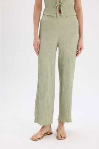 Wide Leg Geniş Paça Beli Lastikli Basic Düz Bürümcük Pantolon