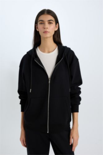 WOMAN Black Relax Fit Hooded Basic Thick Sweatshirt Fabric Cardigan