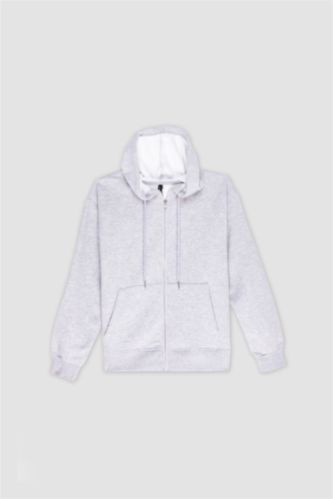 WOMAN Grey Melange Relax Fit Hooded Basic Thick Sweatshirt Fabric Cardigan