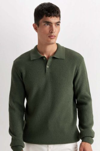 Haki Standart Fit Normal Kesim Polo Yaka Triko Kazak