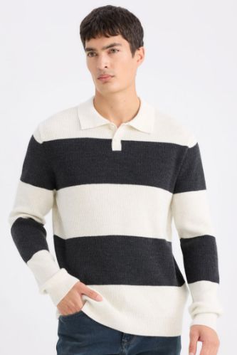 Standart Fit Polo Yaka Çizgili Triko Kazak