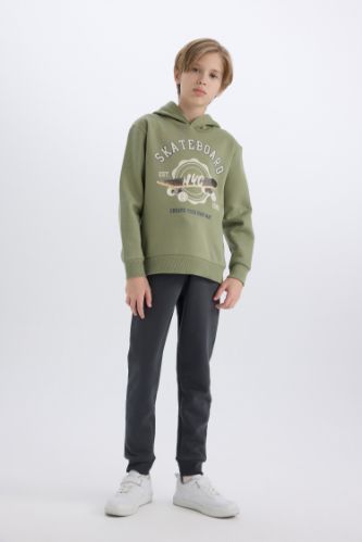 Erkek Çocuk 2'li Takım Kapüşonlu Baskılı Sweatshirt Beli Paçası Lastikli Eşofman Altı