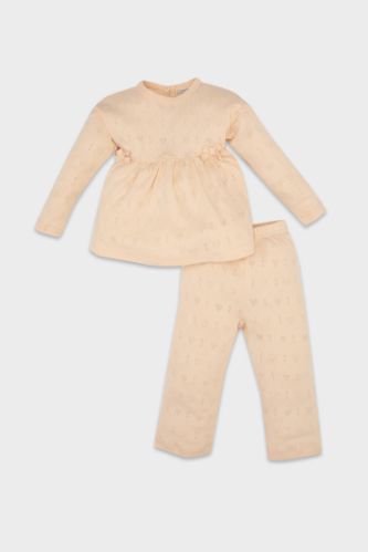Kız Bebek Pijama Takımı Ribana Kalp Baskılı Uzun Kollu Üst Uzun Alt