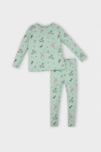 Kız Bebek Pijama Takımı Hayvan Desenli Fitilli Kaşkorse Uzun Kollu Üst Uzun Alt
