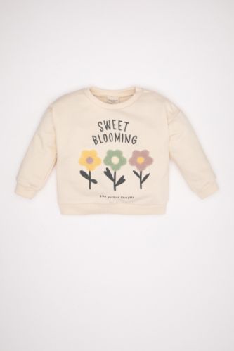 Kız Bebek Bisiklet Yaka Çiçek Baskılı Sweatshirt