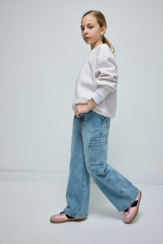 Kız Çocuk Wide Leg Kargo Cepli Geniş Bol Paça Jean Pantolon