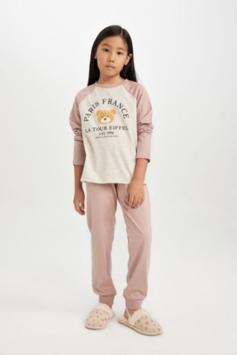 Kız Çocuk Pijama Takım Baskılı Uzun Kollu Üst Beli Lastikli Uzun Alt
