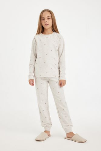 Kız Çocuk Pijama Takımı Kalp Baskılı Bisiklet Yaka Uzun Kollu Üst Uzun Alt