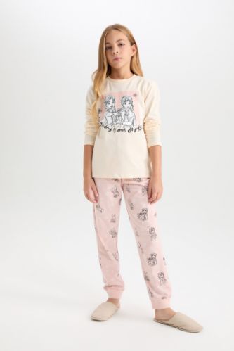 Kız Çocuk Pijama Takım Frozen Uzun Kollu Üst Desenli Beli Lastikli Alt
