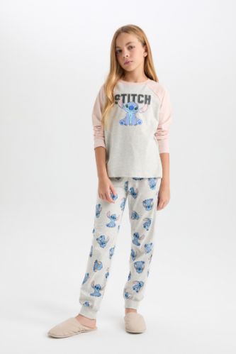 Kız Çocuk Pijama Takımı Disney Lilo & Stitch Bisiklet Yaka Üst Uzun Alt