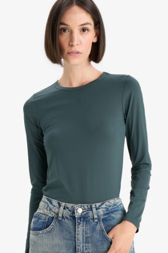 Slim Fit Dar Kesim Bisiklet Yaka Basic Düz Uzun Kollu Tişört