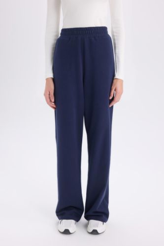 Wide Leg Geniş Paça Lacivert Eşofman Altı Beli Lastikli Cepli Basic Düz