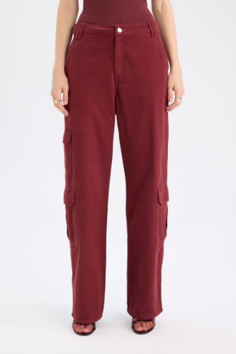 Straight Fit Gabardin Pantolon Kargo Cepli Normal Bel Düz Paça