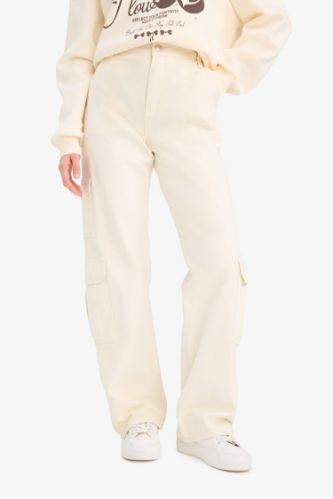 Straight Fit Gabardin Pantolon Kargo Cepli Normal Bel Düz Paça