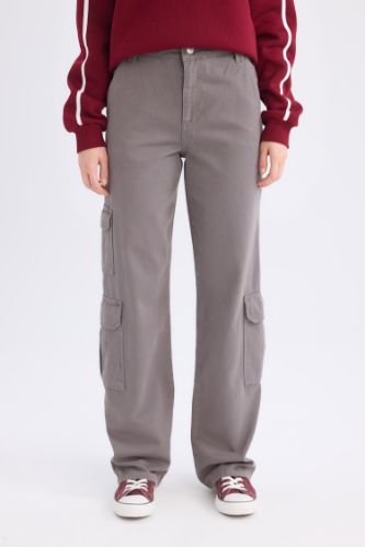 Straight Fit Gabardin Pantolon Kargo Cepli Normal Bel Düz Paça