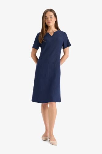 Regular Fit Apaş Yaka Basic Düz Bürümcük Kısa Kollu Midi Elbise