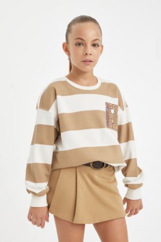 Kız Çocuk Relax Fit Bisiklet Yaka Nakışlı Sweatshirt