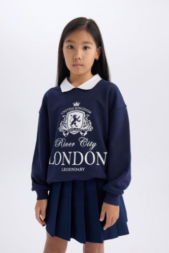 Girl Relax Fit Polo Neck Printed Sweatshirt