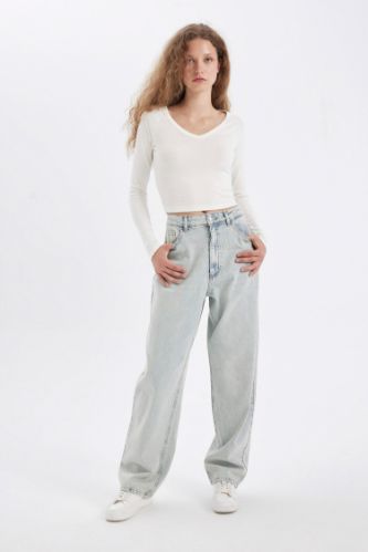 Pantalon Jean Baggy Ample Coupe Ballon Taille Haute et Longueur Cheville