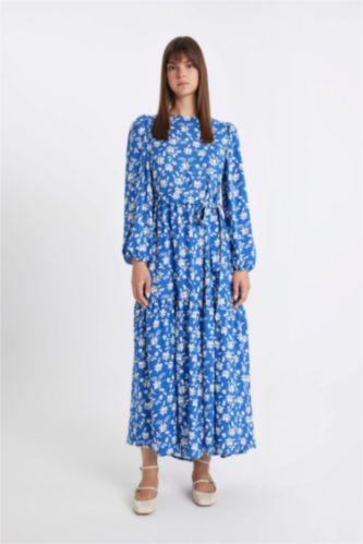 Bisiklet Yaka Desenli Kuşaklı Uzun Kollu Maxi Elbise