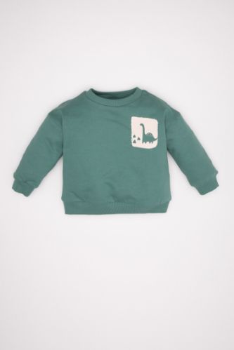 Erkek Bebek Yeşil Bisiklet Yaka Dinazor Baskılı İçi Yumuşak Tüylü İnce Sweatshirt