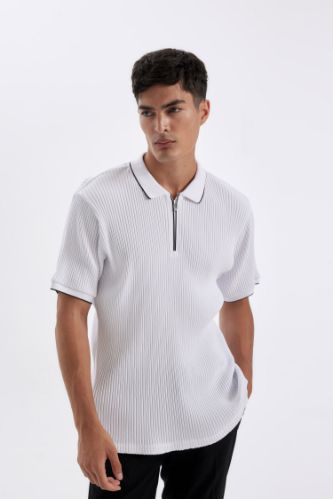 Slim Fit Dar Kesim Kısa Kollu Fitilli Kaşkorse Yarım Fermuarlı Polo Tişört