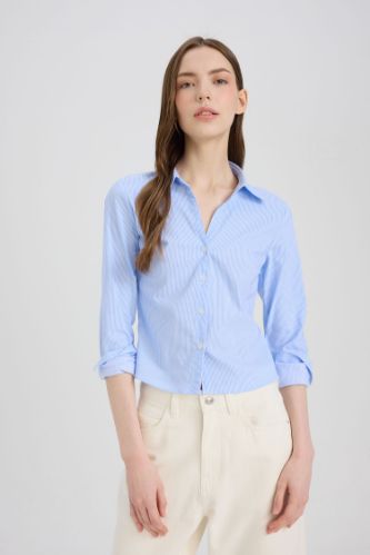 Fitted Basic Düz Bengalin Uzun Kollu Gömlek