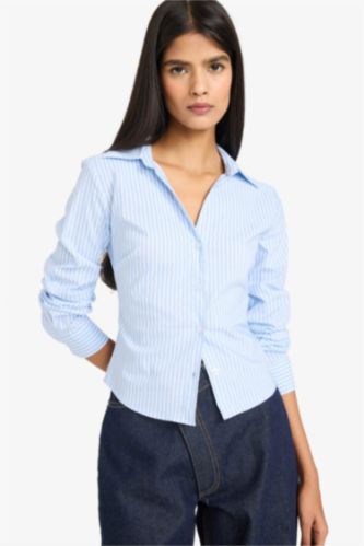 Fitted Çizgili Bengalin Uzun Kollu Gömlek