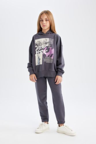 Kız Çocuk 2'li Takım Bisiklet Yaka Baskılı Sweatshirt Beli Lastikli Jogger Eşofman Altı