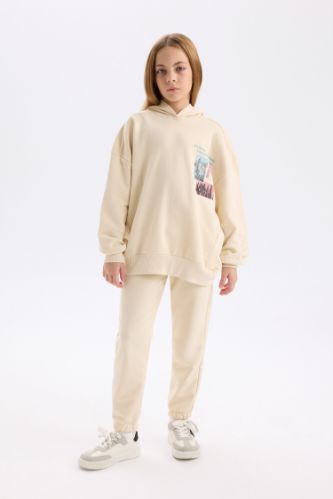 Kız Çocuk 2'li Takım Bisiklet Yaka Baskılı Sweatshirt Beli Lastikli Jogger Eşofman Altı
