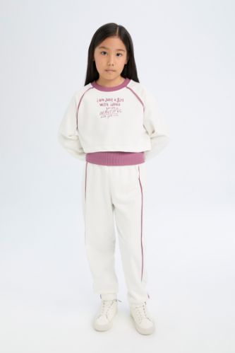 Kız Çocuk 3'lü Takım Bisiklet Yaka Baskılı Crop Sweatshirt Basic Düz Atlet Beli Lastikli Jogger Eşofman Altı