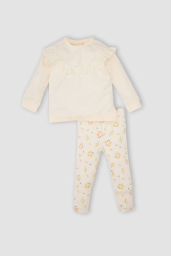 طقم بيبي بناتي سويت شيرت فلورال قصة عادية وبنطلون - قطعتين