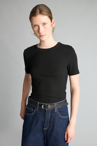 WOMAN Black Slim Fit Basic Plain Ribbed Crew Neck Short Sleeve T-Shirt