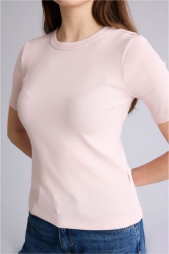 WOMAN Light Pink Slim Fit Crew Neck Basic Ribbed Short Sleeve T-Shirt
