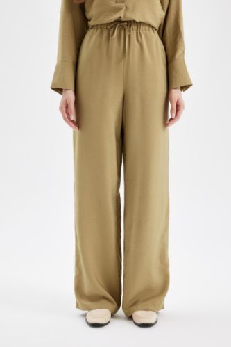 Wide Leg Geniş Bol Paça Beli Lastikli Bağcıklı Basic Düz Pantolon