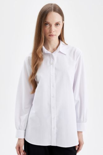 Beyaz Relax Fit Gömlek Yaka Poplin Basic Düz Uzun Kollu Gömlek Tunik