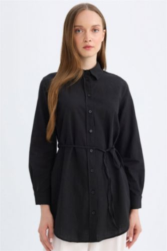 Regular Fit Poplin Basic Düz Uzun Kollu Siyah Gömlek Tunik