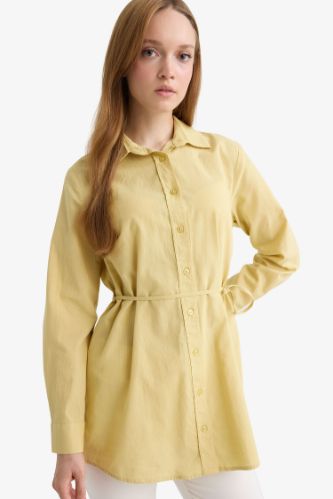 Regular Fit Poplin Bağlamalı Uzun Kollu Gömlek Tunik