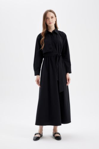 Gömlek Yaka Basic Düz Düğmeli Kemerli Poplin Uzun Kollu Maxi Siyah Elbise