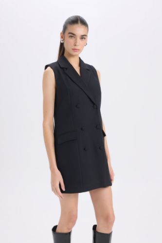 A Kesim Kruvaze Yaka Düğmeli Basic Düz Kolsuz Midi Siyah Blazer Elbise