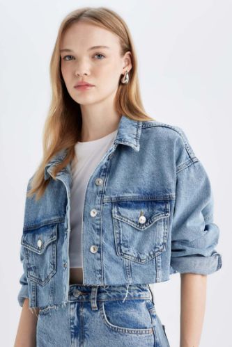 Crop Düğmeli Jean Ceket