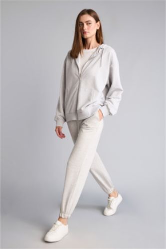 Kadın Gri Melanj Jogger Fıt Basic Eşofman Altı