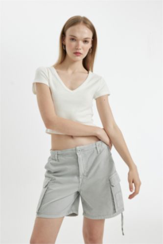 WOMAN White Fitted V Neck Ribbed Basic Short Sleeve T-Shirt