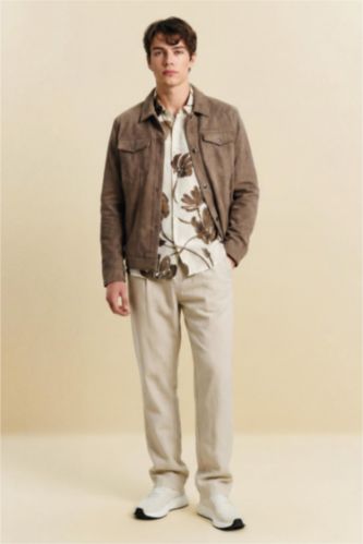 Man Beige Regular Fit Straight Leg Cotton Trousers