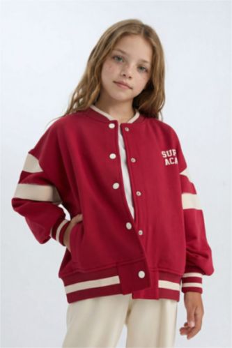 Girl College Collar Printed Snap Closure Soft Furry Inside Bomber Jacket