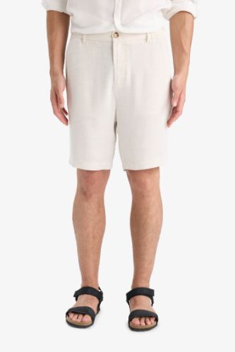 Regular Fit Düz Paça Keten Karışımlı Bermuda Şort